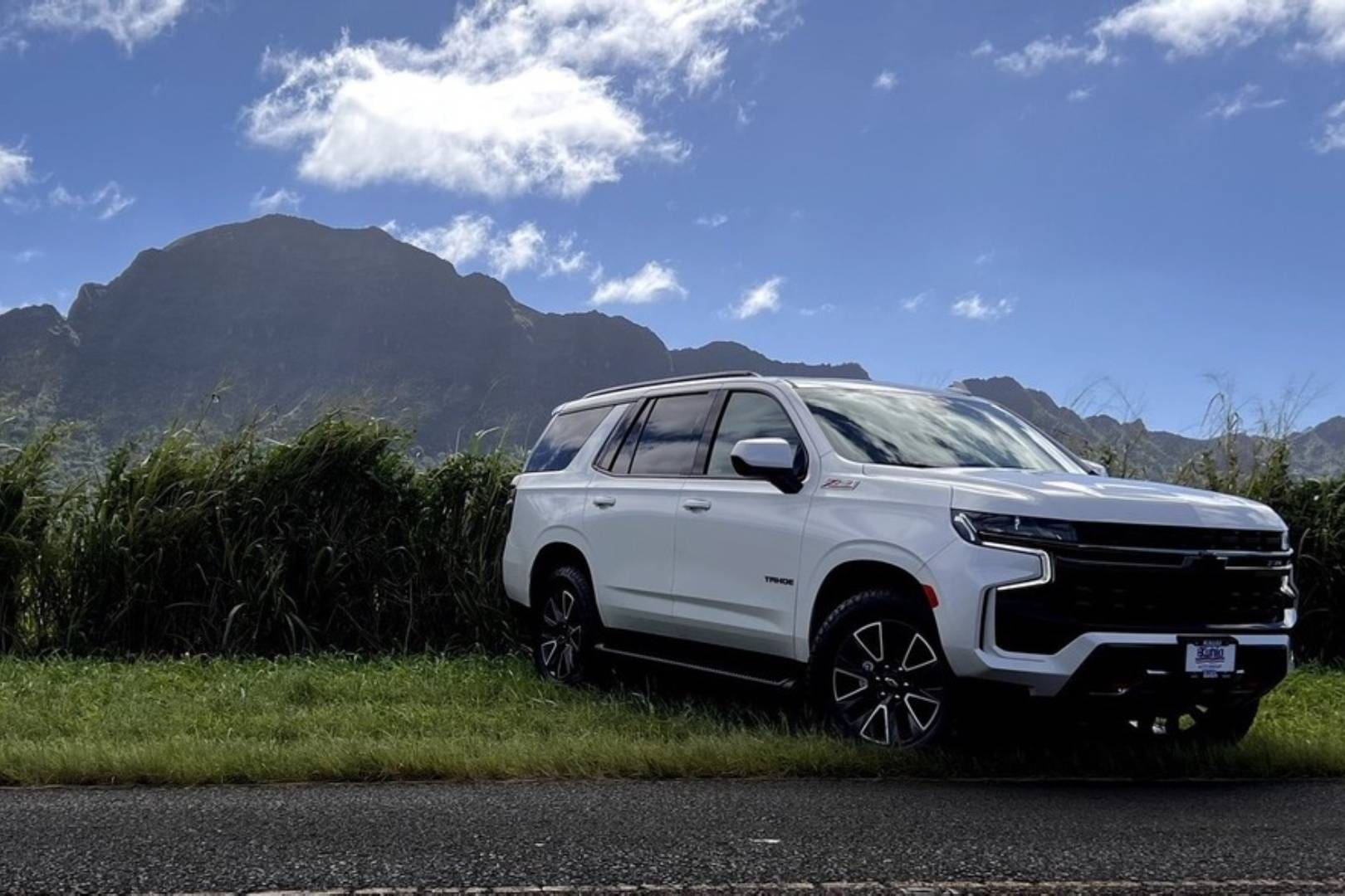 A white suv parked on the side of a road.