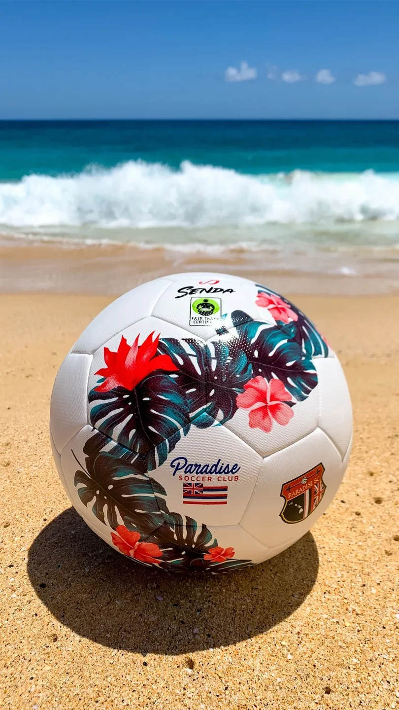 A soccer ball with tropical flowers on it